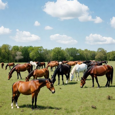 Herd of horses grazing in green field