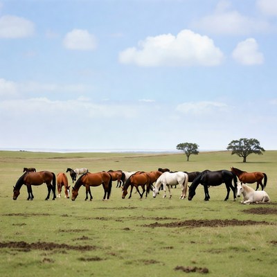 Herd of horses grazing in green pasture