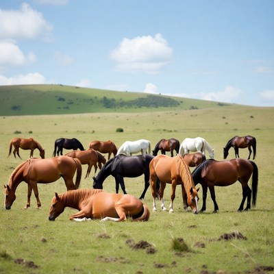 Herd of horses grazing in green field