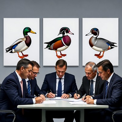 Businessmen signing contracts with duck posters