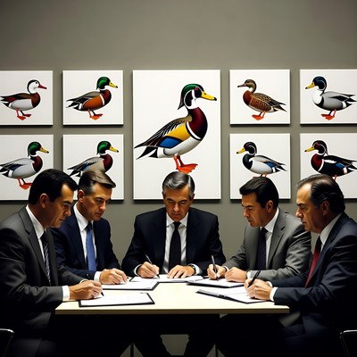 Businessmen signing contracts with duck art