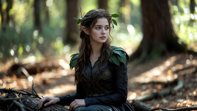 Elf girl in forest with leaf crown