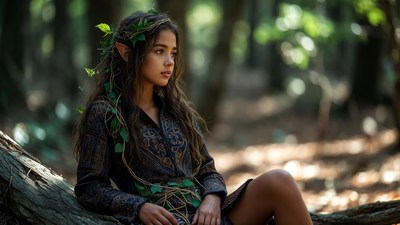 Girl with elf ears on forest log