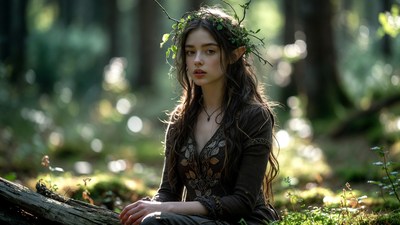 Elf woman with leaf crown in forest