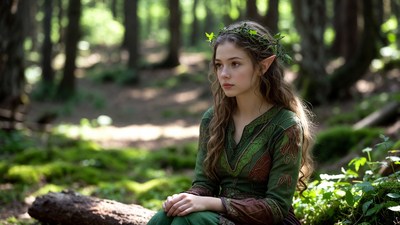 Elf girl with leaf crown in forest