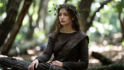 Young woman with leaf crown in forest