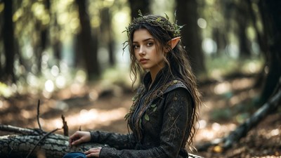 Elf woman in forest with wreath