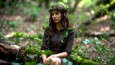 Young woman with ivy crown in forest