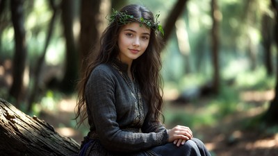 Girl with flower crown in forest