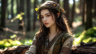 Elf woman with flower crown in forest