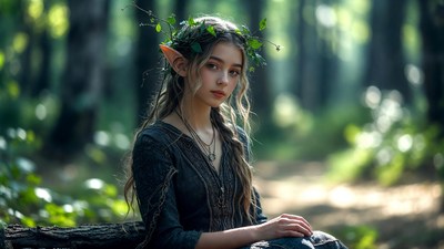 Elf girl with leaf crown in forest