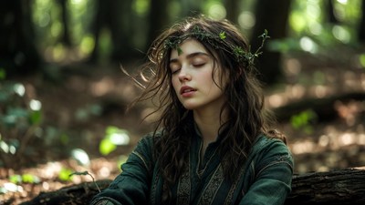 Woman with ivy crown in forest