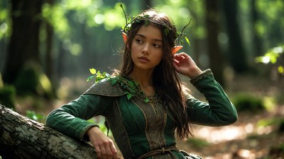 Elf woman in green forest