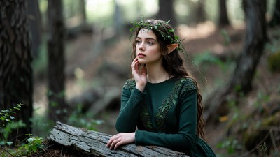 Elf woman in forest with wreath