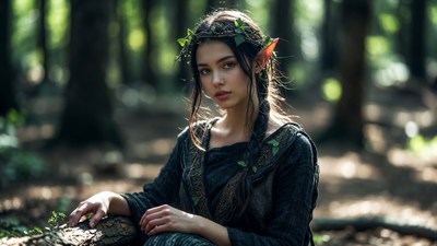 Elf woman in forest with ivy crown