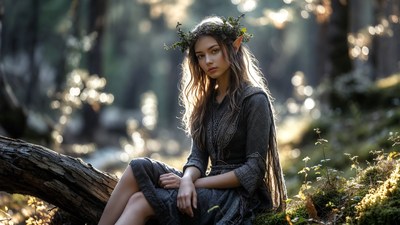 Elf woman sitting on forest log