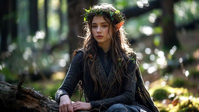 Elf woman with flower crown in forest