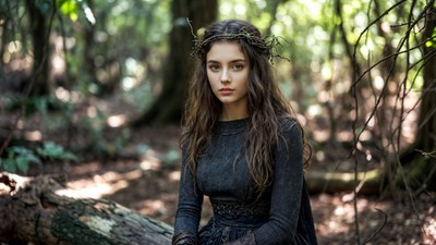 Young woman with flower crown in forest