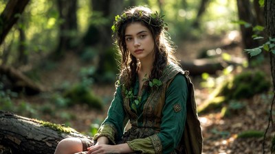 Young woman in green dress forest