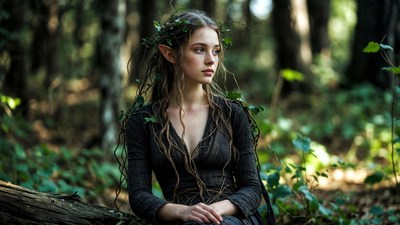 Elf woman with vines in forest