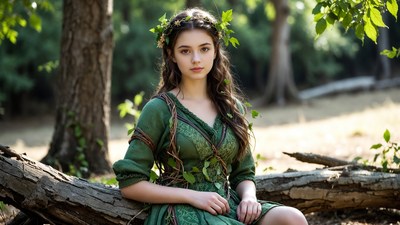 Young woman in green dress on forest log