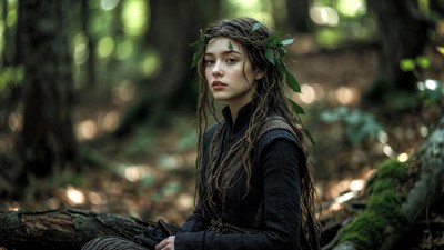 Young woman with leaf crown in forest