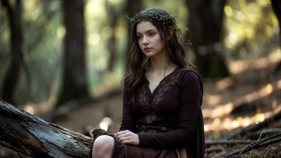 Young woman with flower crown in forest
