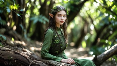 Elf girl sitting on forest log