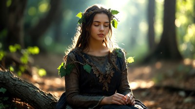 Forest fairy woman sitting on log