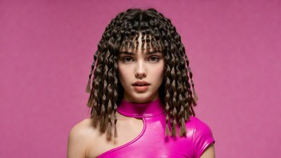 Woman with curly braids in pink leather top
