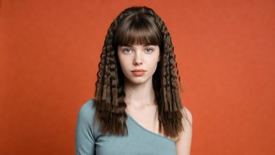 Woman with curly bangs on orange background