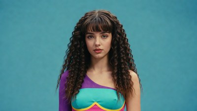 Woman with curly hair in colorful dress