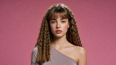 Woman with wavy bangs on pink background