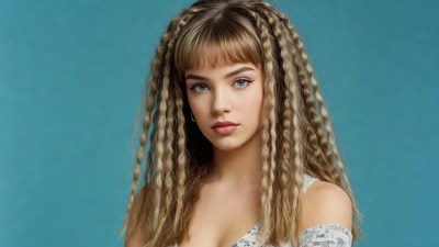 Woman with blonde braids on blue background