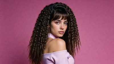 Woman with curly bangs in pink top