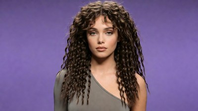 Woman with curly hair on purple background