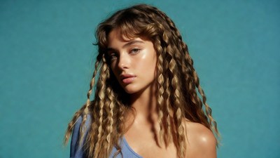 Woman with curly hair on blue background
