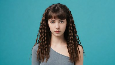 Young woman with curly bangs on blue background