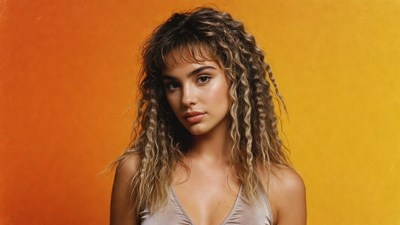 Woman with curly hair on orange background