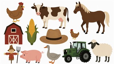 Farm Animals and Tractor Clipart