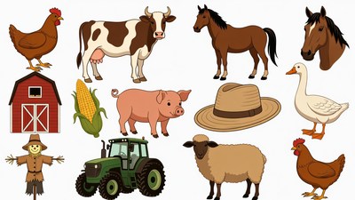 Cartoon Farm Animals and Tractor