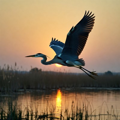 Great Blue Heron Flying at Sunset