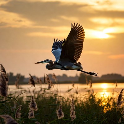 Great Blue Heron Flying at Sunset