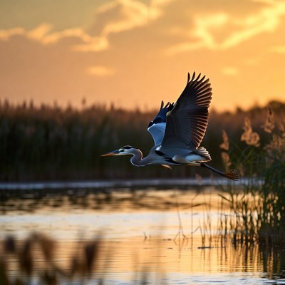 Great Blue Heron Flying at Sunset