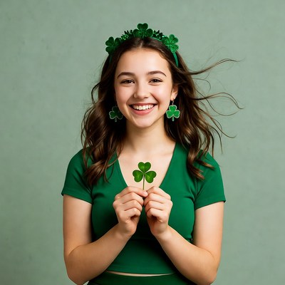 Girl holding shamrock with green headband