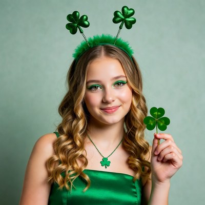 Girl holding shamrock with green headband