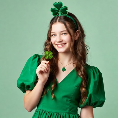 Girl holding shamrock in green dress
