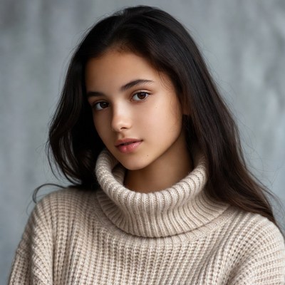 Young woman in beige turtleneck sweater