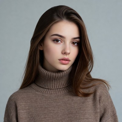 Woman in brown turtleneck sweater