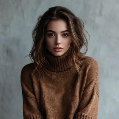 Woman in brown turtleneck sweater